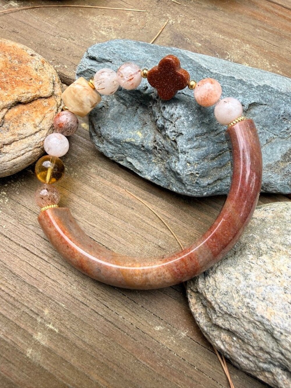 Lucky Clover Half Bangle Bracelet | Citrine Super Seven Coral Fossil | OOAK
